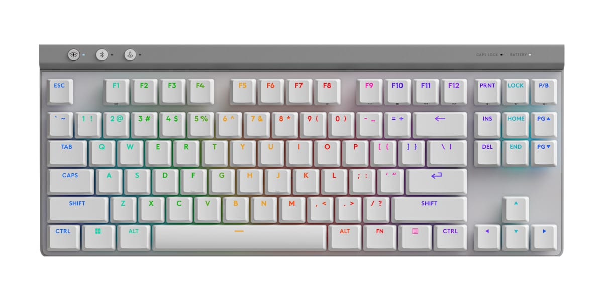 Logitech G515 Lightspeed TKL low-profile wireless gaming keyboard in white with RGB backlighting, top view