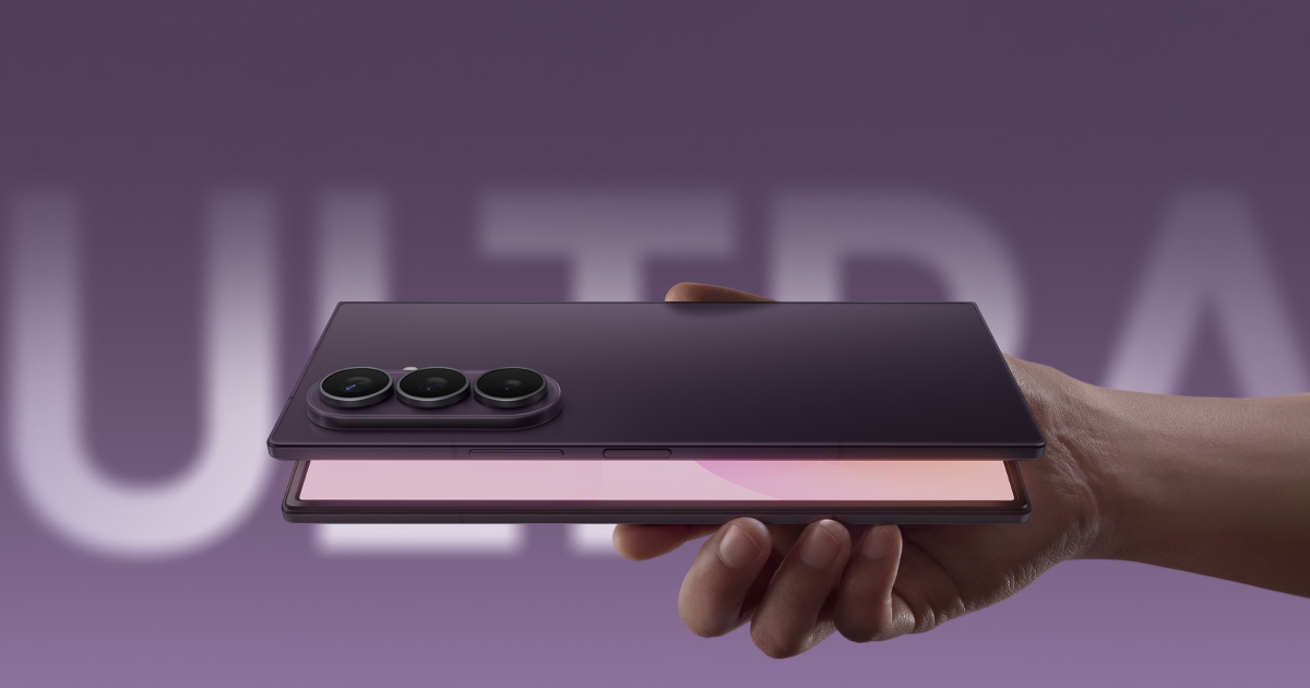 Samsung Galaxy Z Fold8 Ultra foldable phone in Violet Shadow, held partly open to show its triple rear camera and inner screen