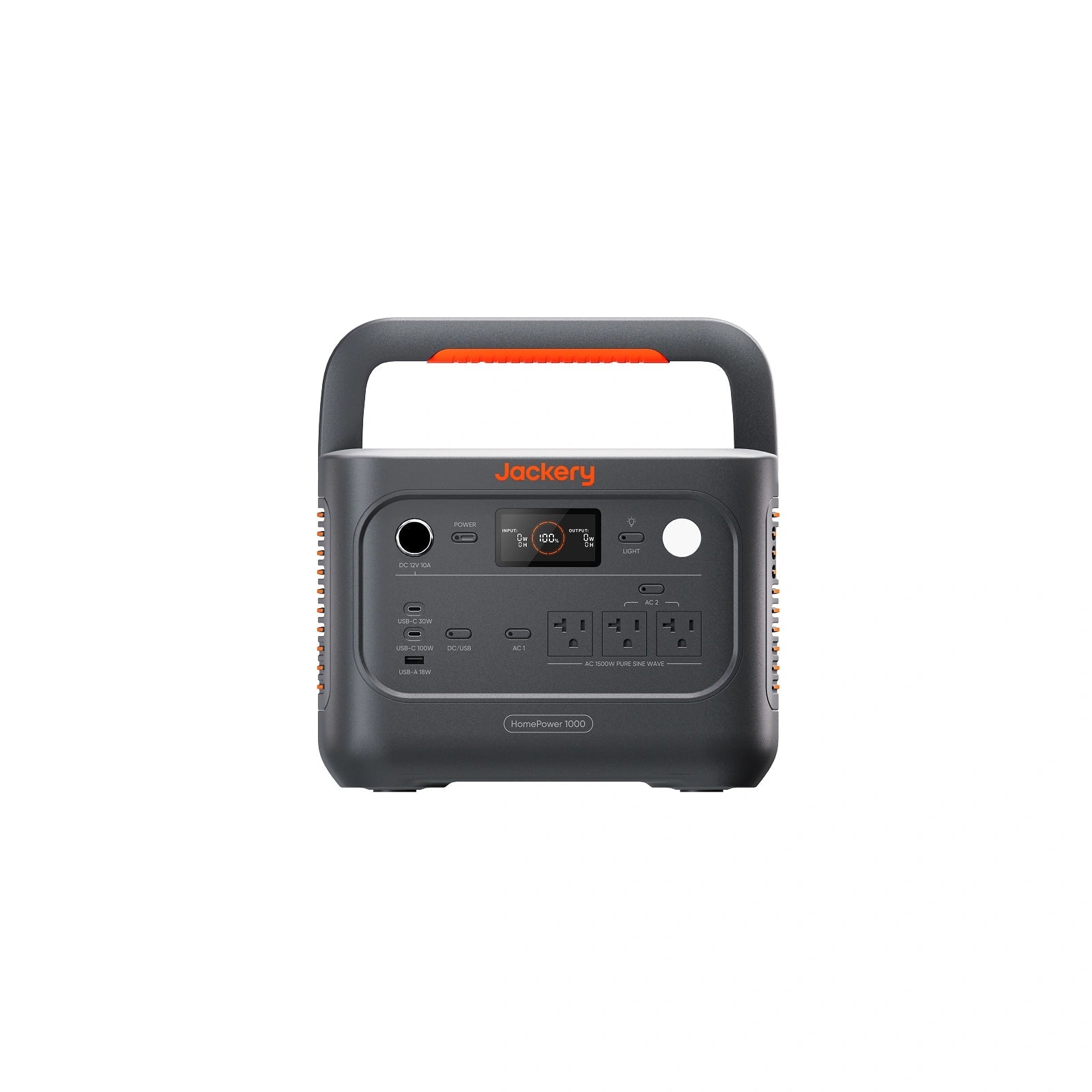 Jackery HomePower 1000 v2 portable power station, front panel with three AC outlets, USB ports, display and folding handle