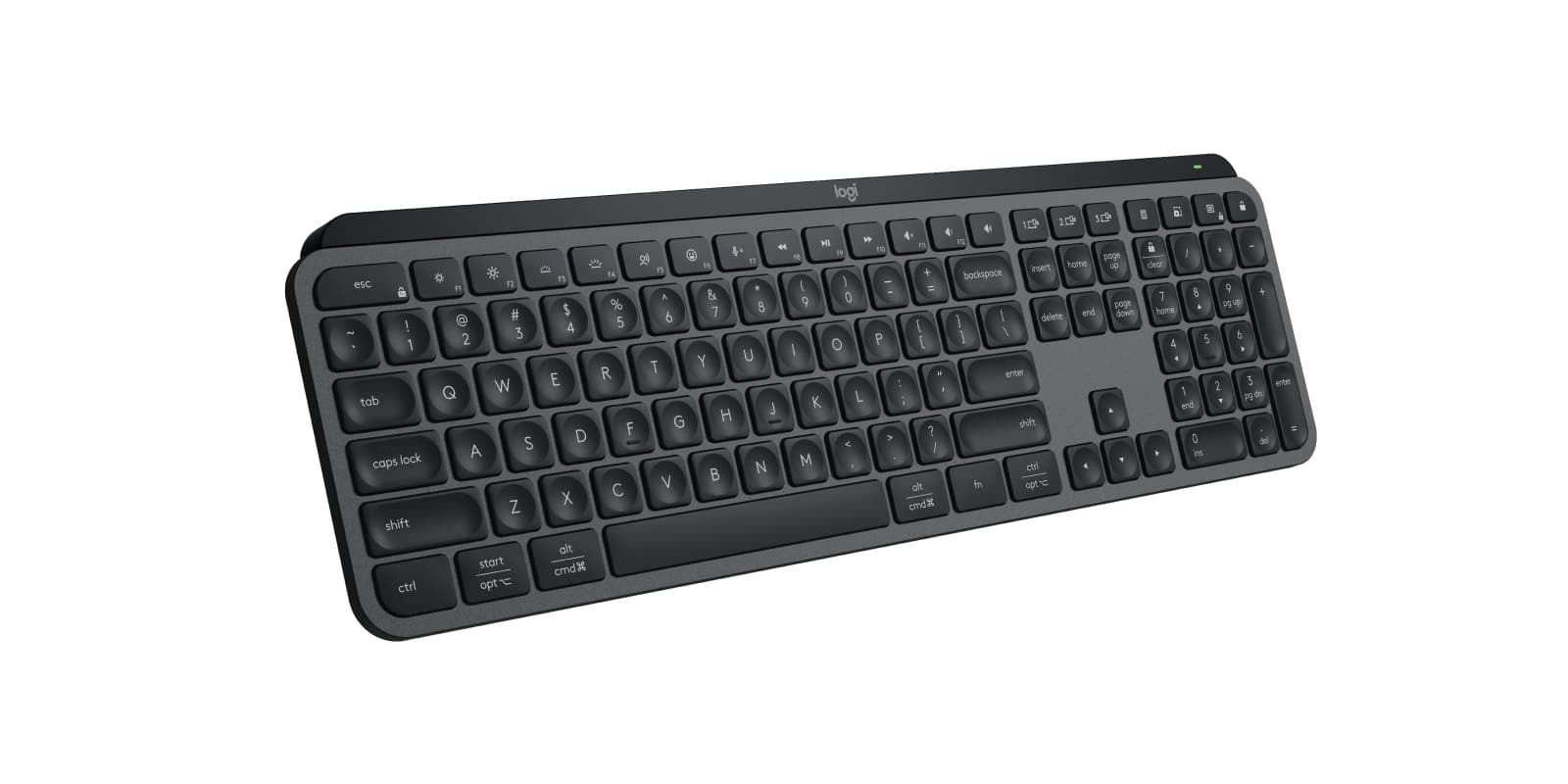 Logitech MX Keys S full-size wireless keyboard in Graphite, three-quarter view