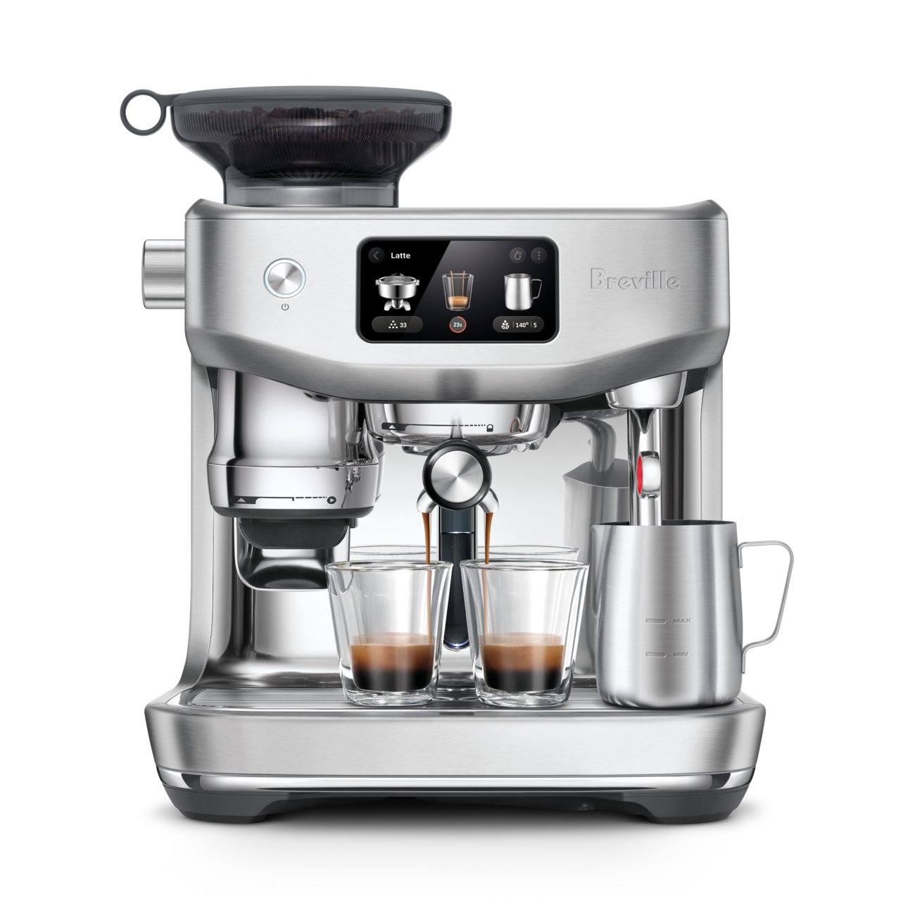 Breville Oracle Jet BES985 espresso machine in brushed stainless steel with built-in grinder, touchscreen and milk jug