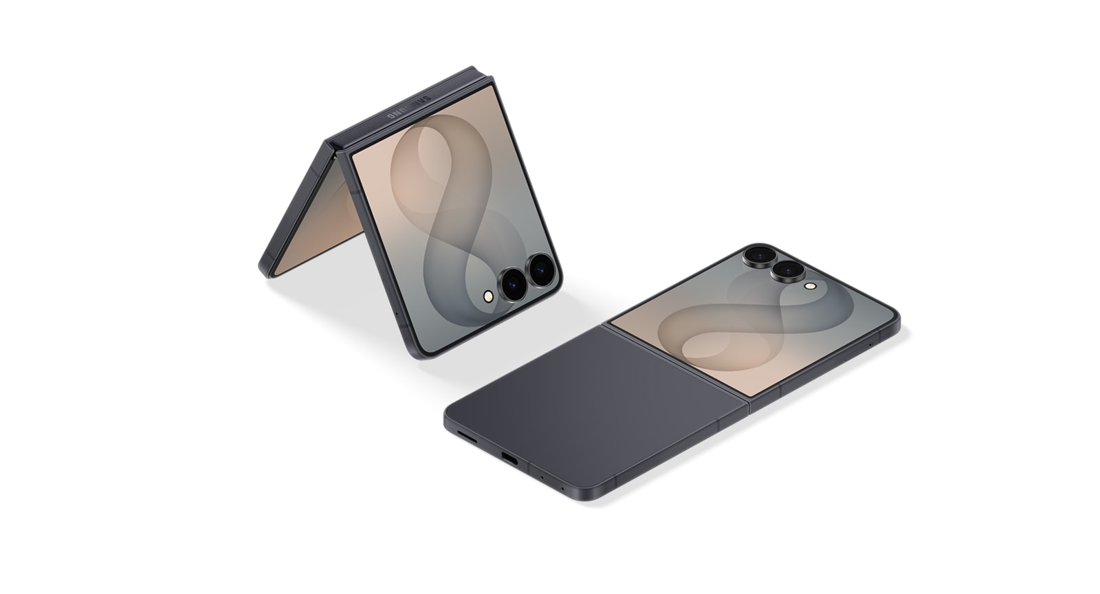 Samsung Galaxy Z Flip8 flip phone in Graphite, shown half-folded and fully open