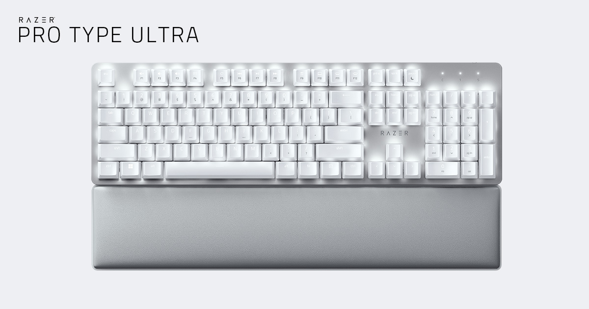 Razer Pro Type Ultra white full-size wireless mechanical keyboard with white backlighting and leatherette wrist rest
