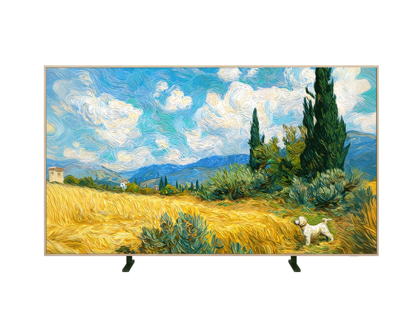 TCL A400 Pro QD-Mini LED TV with wood-effect frame showing a painting