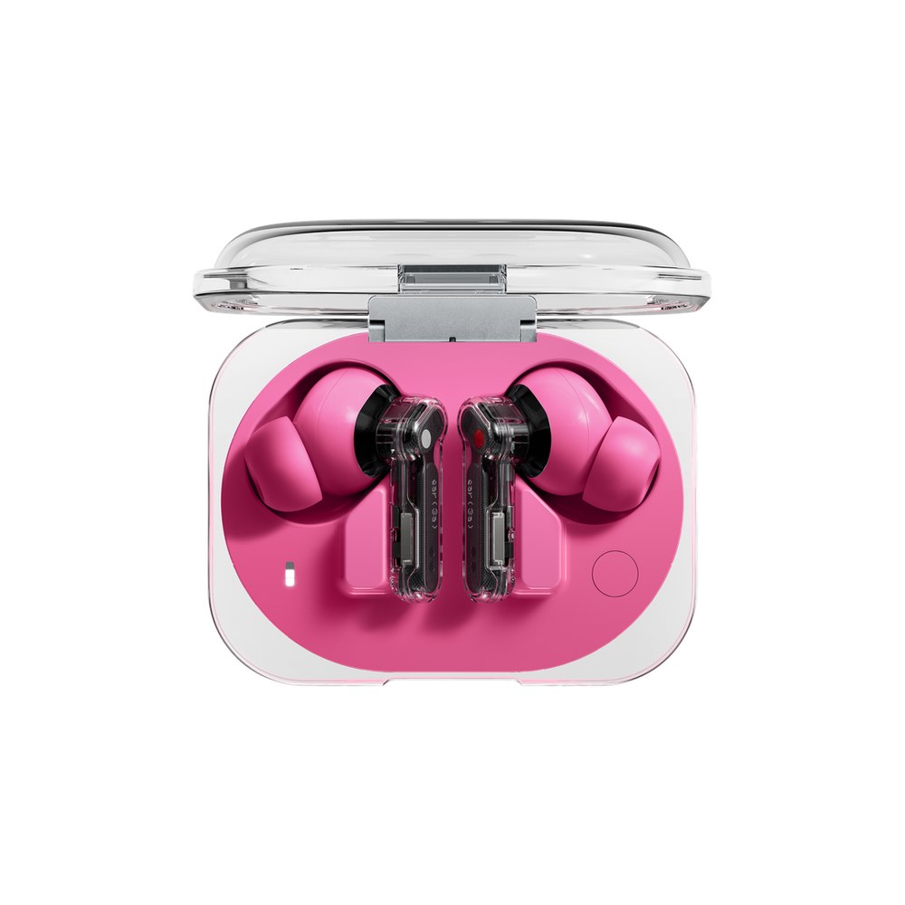 Nothing Ear (3a) wireless earbuds in pink inside their transparent charging case