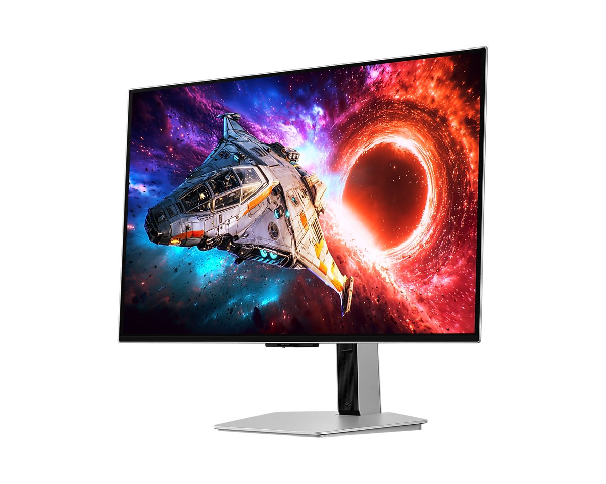 Samsung Odyssey OLED G8 G80SH 32-inch 4K QD-OLED gaming monitor in silver, front angled view