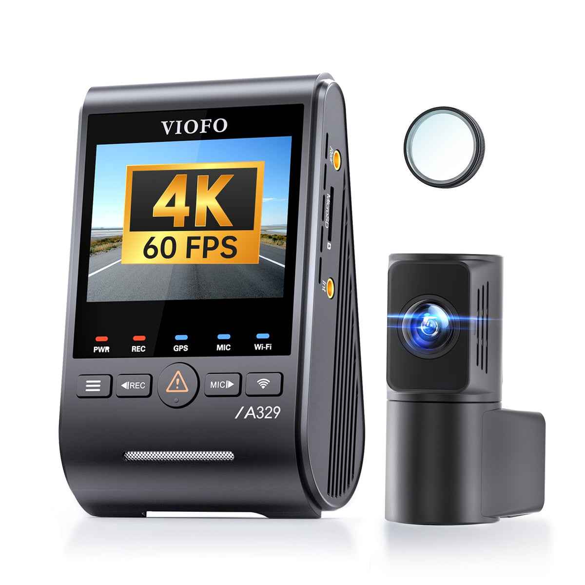 VIOFO A329S 2CH dash cam front unit with 2K rear camera and circular polarizing filter