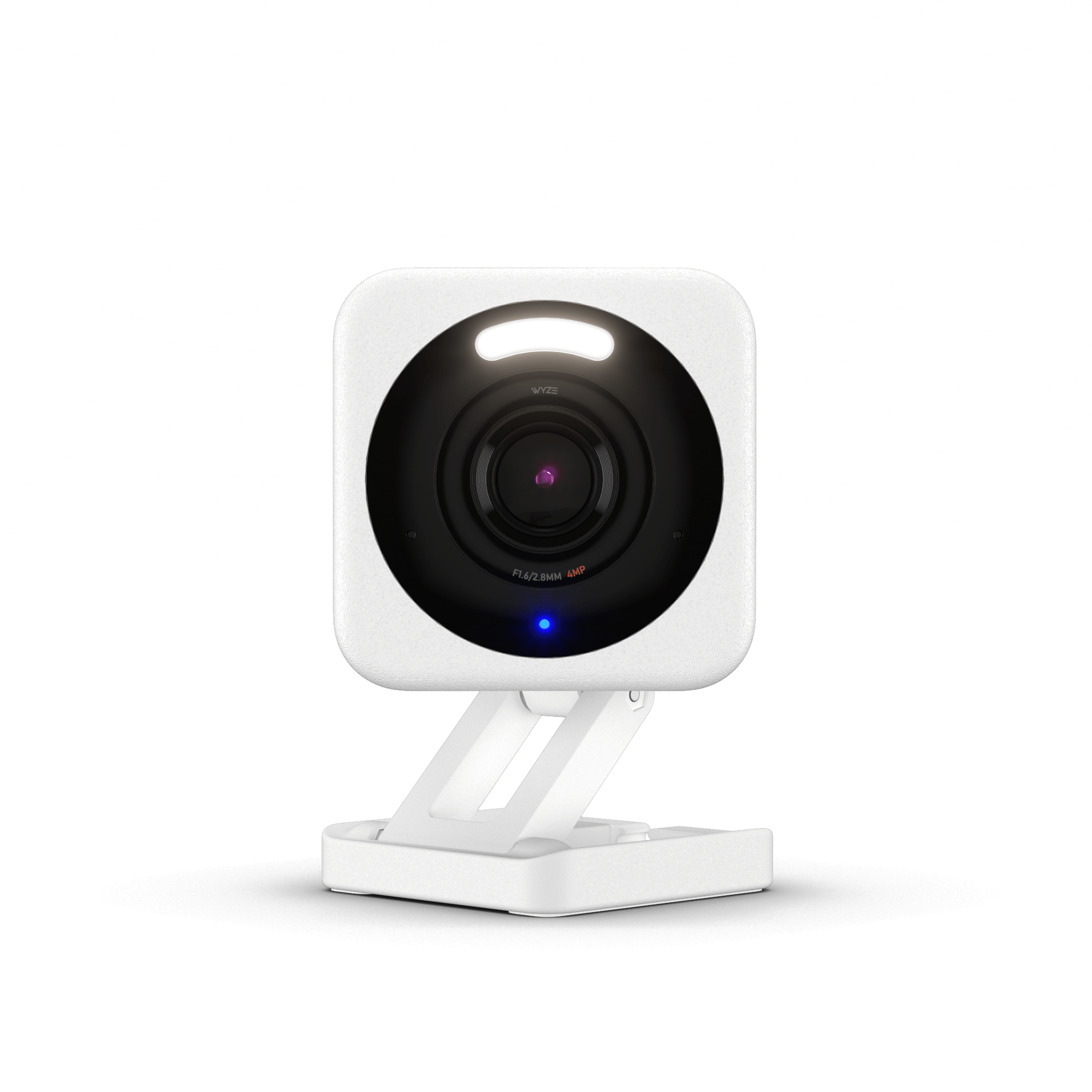 Wyze Cam v4 2.5K indoor/outdoor security camera in white on its folding stand, with the spotlight above the lens
